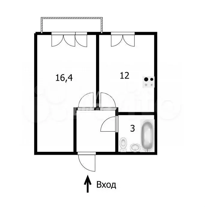 1-к. квартира, 35,8 м, 2/3 эт. - Фото 0