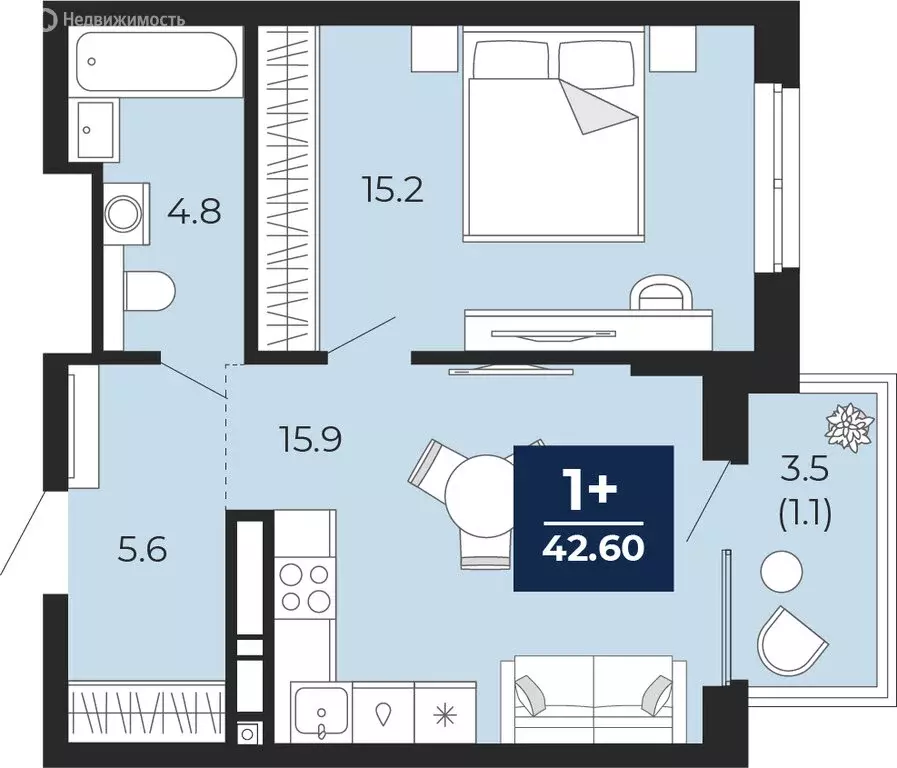 1-комнатная квартира: Тюмень, улица Тимофея Чаркова, 77 (45 м) - Фото 1