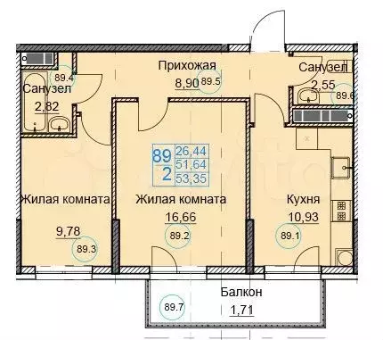 2-к. квартира, 53,4 м, 3/8 эт. - Фото 0