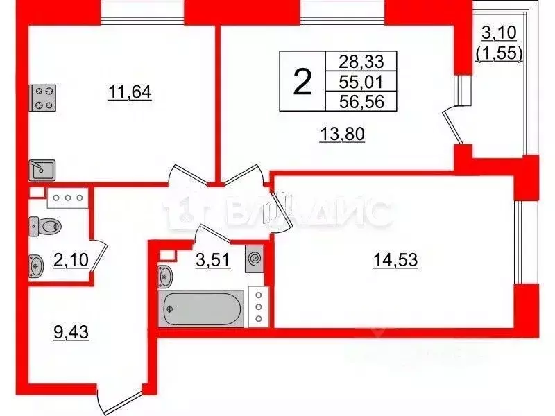 2-к кв. Санкт-Петербург Аквилон Ливз 2 жилой комплекс (56.6 м) - Фото 2