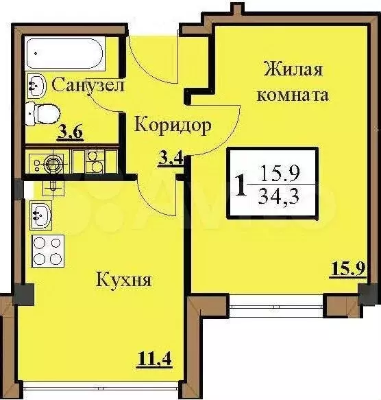 1-к. квартира, 34,3 м, 4/5 эт. - Фото 0