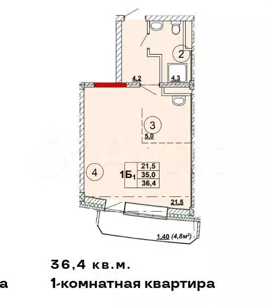 1-к. квартира, 36,4 м, 3/12 эт. - Фото 0