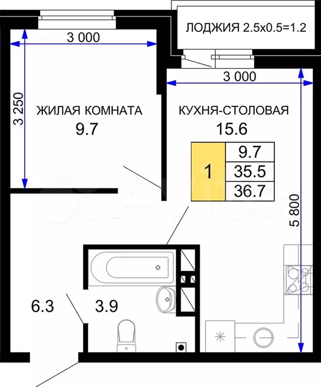 1-к. квартира, 36,7 м, 4/16 эт. - Фото 0