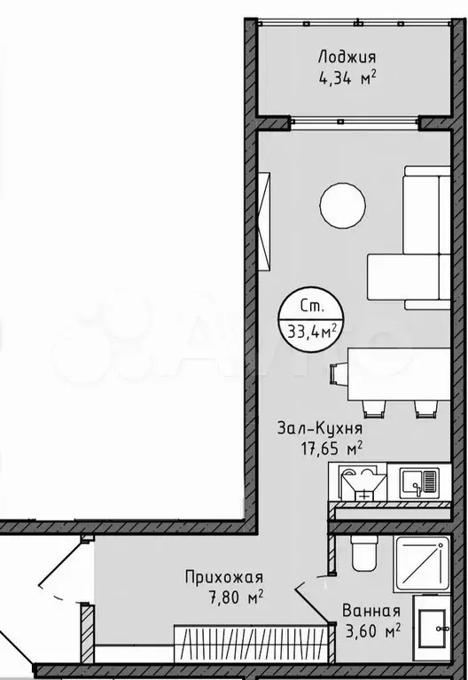 Квартира-студия, 33,1 м, 7/17 эт. - Фото 0