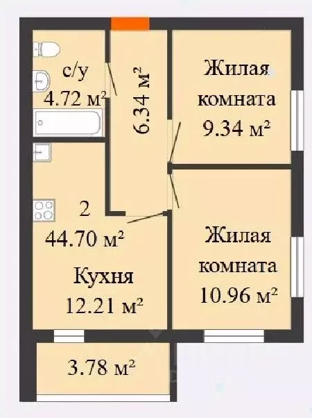 2-к кв. Самарская область, Новокуйбышевск 69-й кв-л,  (44.7 м) - Фото 0