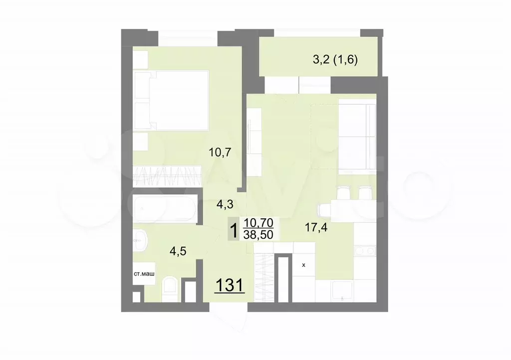 1-к. квартира, 38,5 м, 16/26 эт. - Фото 1