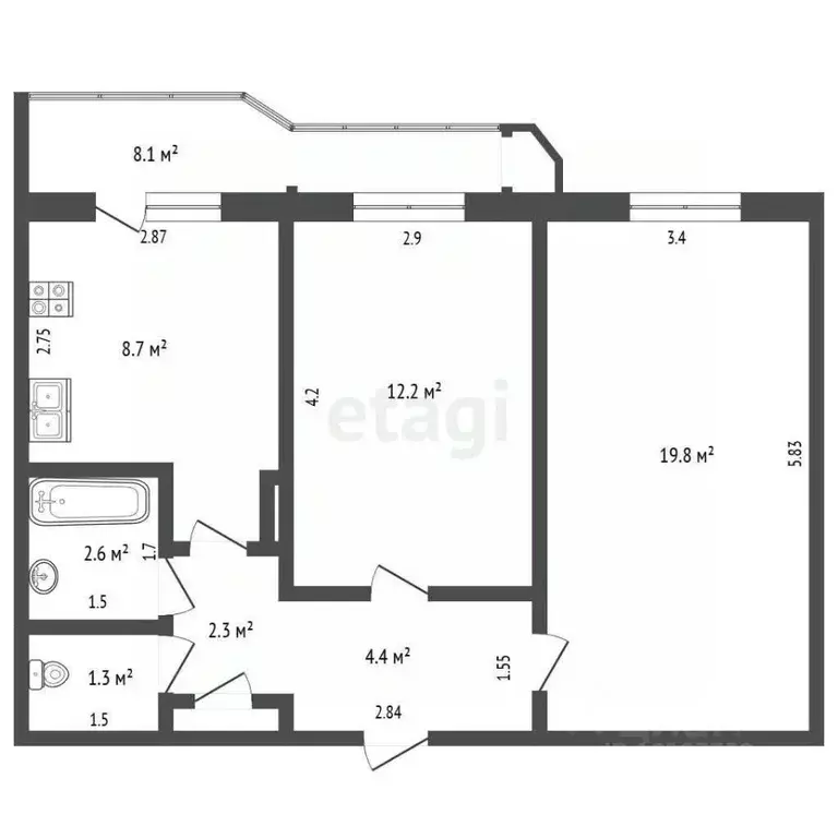 2-к кв. Саха (Якутия), Якутск ул. Чернышевского, 22/1 (51.6 м) - Фото 2
