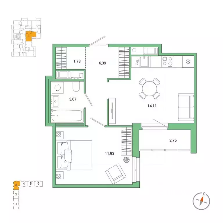 1-к кв. Санкт-Петербург Окла жилой комплекс (39.21 м) - Фото 0