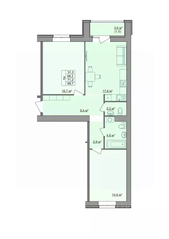 2-к кв. Костромская область, Кострома Магистральная ул., 49А (69.7 м) - Фото 1