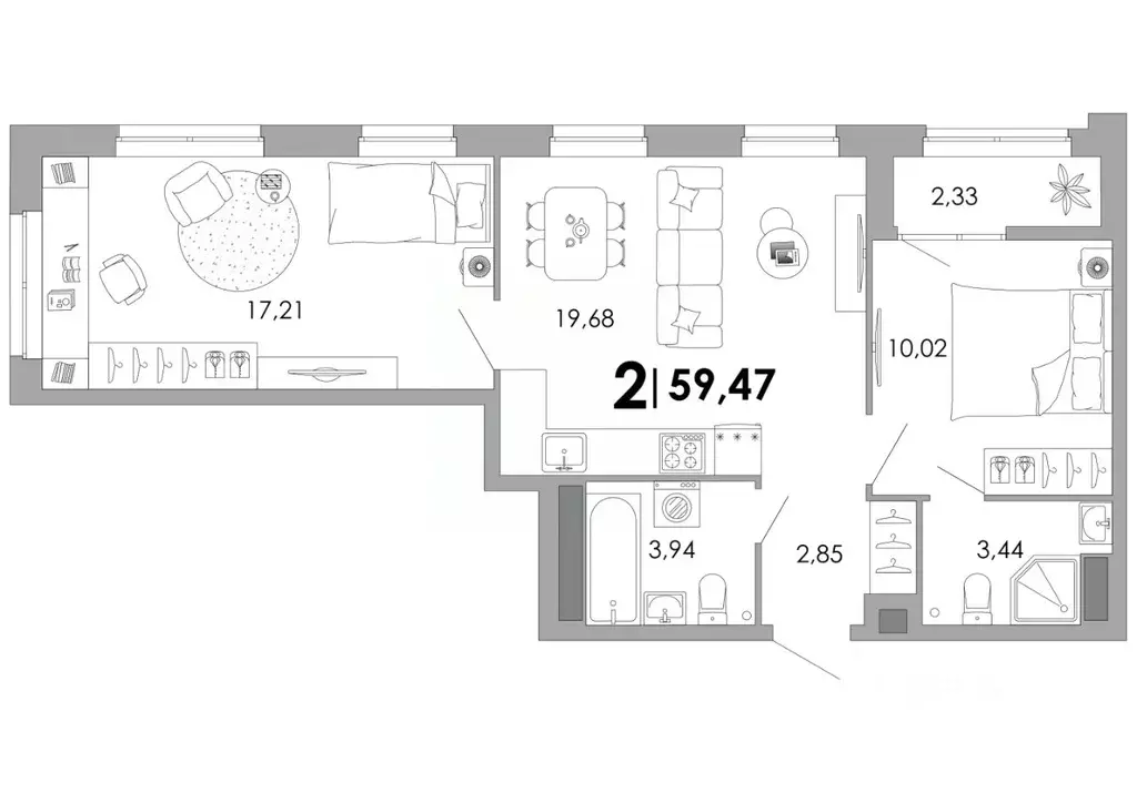 2-к кв. Владимирская область, Владимир Уно жилой комплекс (59.47 м) - Фото 0