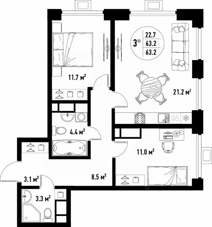 3-к кв. Астраханская область, Астрахань ул. Бэра, 29 (63.2 м) - Фото 1