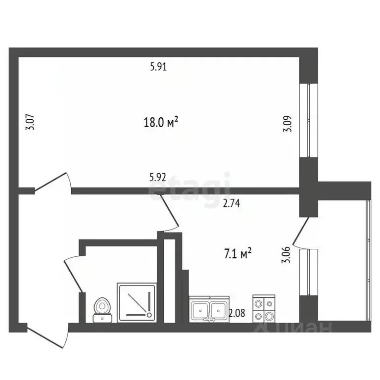 1-к кв. Белгородская область, Белгород Почтовая ул., 50 (33.9 м) - Фото 2