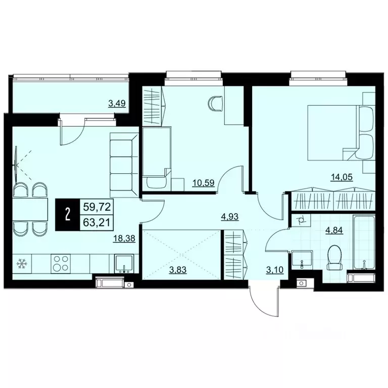 2-к кв. Самарская область, Самара Южное ш., 7А (61.47 м) - Фото 1