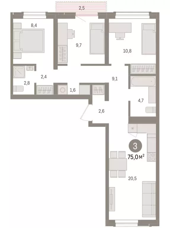3-комнатная квартира: Новосибирск, улица Аэропорт (75.03 м) - Фото 1