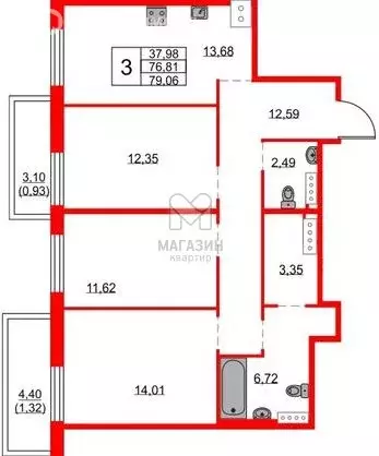 3-комнатная квартира: Санкт-Петербург, набережная реки Каменки, 13к3 ... - Фото 1