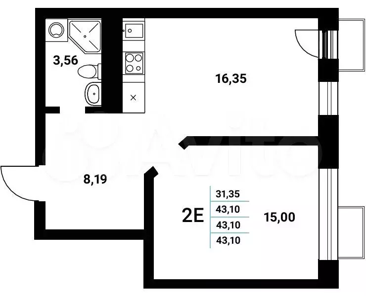 2-к. квартира, 43,1 м, 13/21 эт. - Фото 0