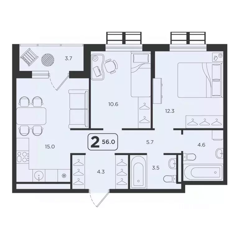 2-к кв. Тюменская область, Тюмень  (56.0 м) - Фото 1