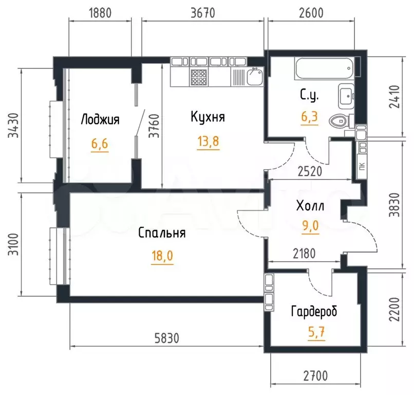 1-к. квартира, 56 м, 3/9 эт. - Фото 1