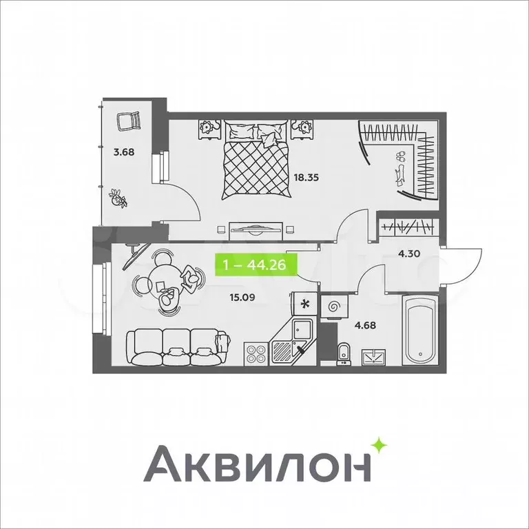 1-к. квартира, 44,3 м, 8/8 эт. - Фото 0