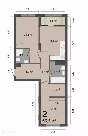 Продаётся 2-к квартира, 63.4 м - Фото 0