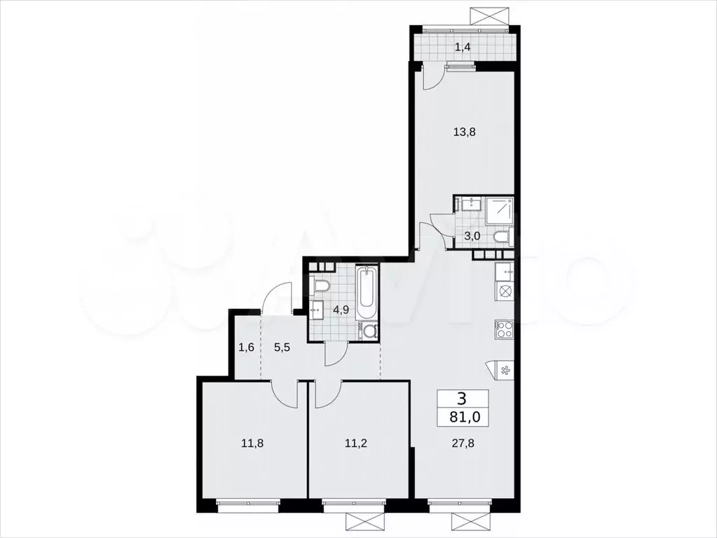 3-к. квартира, 81м, 5/17эт. - Фото 1