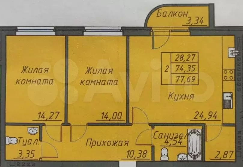 2-к. квартира, 77,4 м, 4/4 эт. - Фото 0