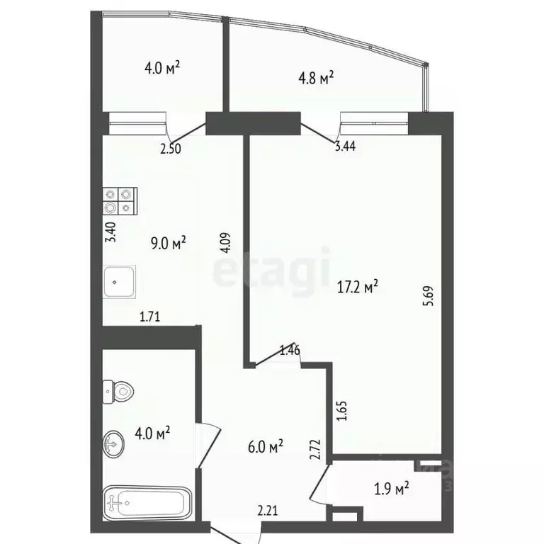 Студия Тюменская область, Тюмень ул. Чернышевского, 2а (38.1 м) - Фото 1