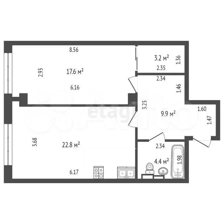 1-к. квартира, 57,9 м, 3/9 эт. - Фото 1