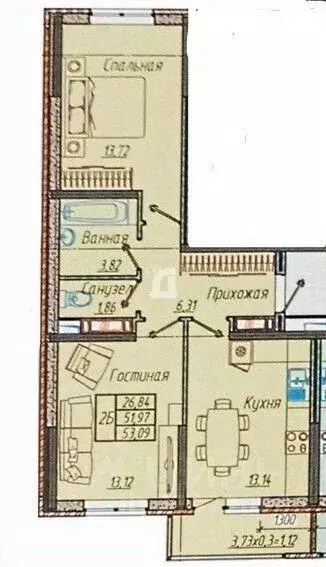 Квартира, 2 комнаты, 52.7 м - Фото 1