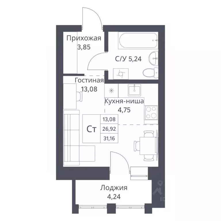 Студия Новосибирская область, Новосибирск Игарская ул., 40/1 (26.92 м) - Фото 0