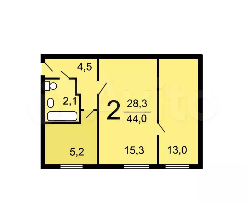 2-к. квартира, 44 м, 1/5 эт. - Фото 0