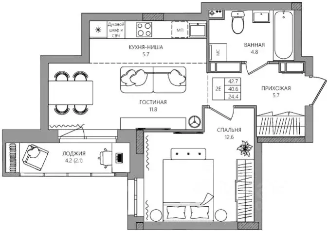 2-к кв. Пермский край, д. Кондратово ул. Водопроводная, 5 (42.7 м) - Фото 1