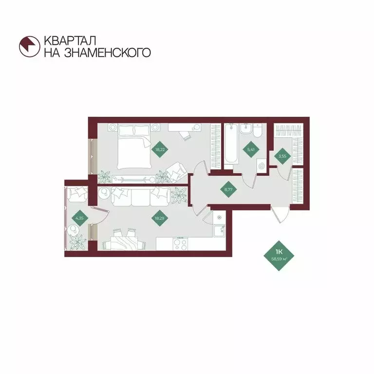 1-комнатная квартира: Тобольск, микрорайон 3Б, 6Бк2 (58.59 м) - Фото 1