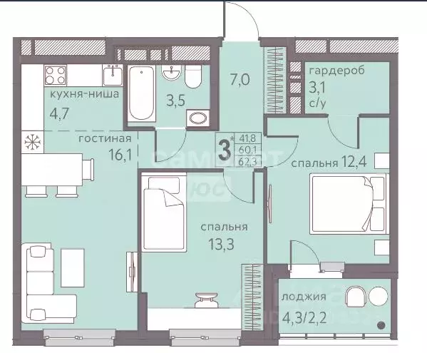 2-к кв. Пермский край, Пермь ул. Серебристая, 7 (63.0 м) - Фото 2