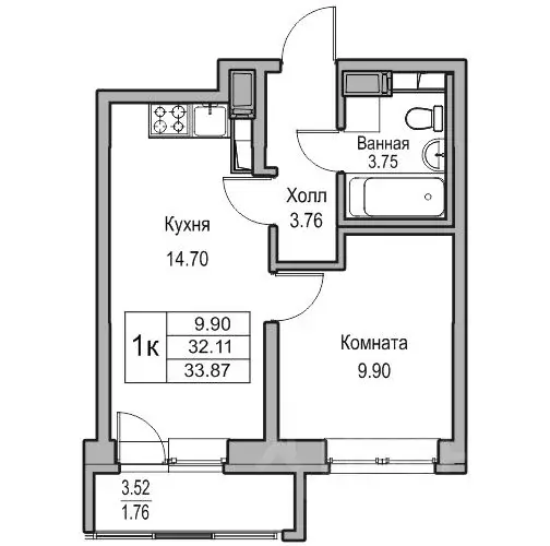 1-к кв. Санкт-Петербург ул. Ивинская, 1к1 (32.11 м) - Фото 0