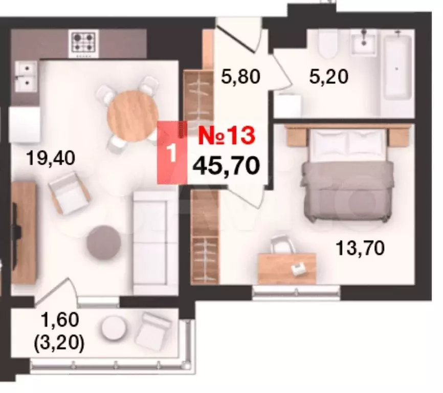 1-к. квартира, 45,7 м, 3/15 эт. - Фото 1