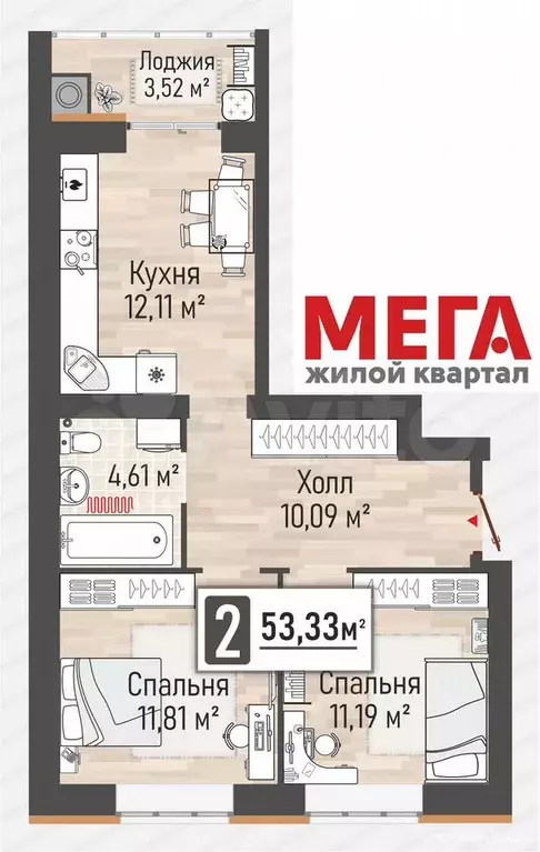2-к. квартира, 53,3 м, 10/10 эт. - Фото 0