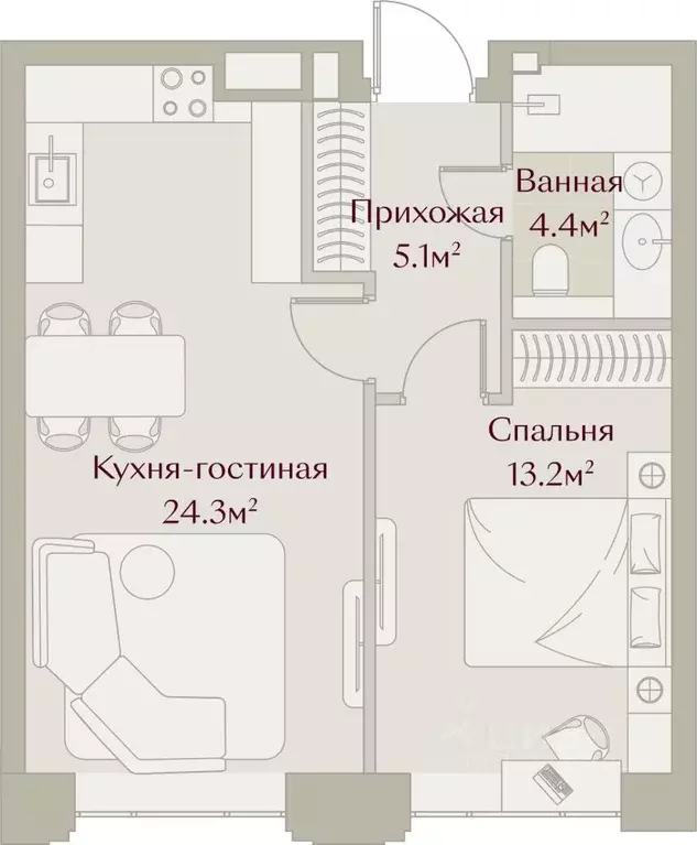 1-к кв. Татарстан, Казань Щербаковский пер., 5 (46.99 м) - Фото 2