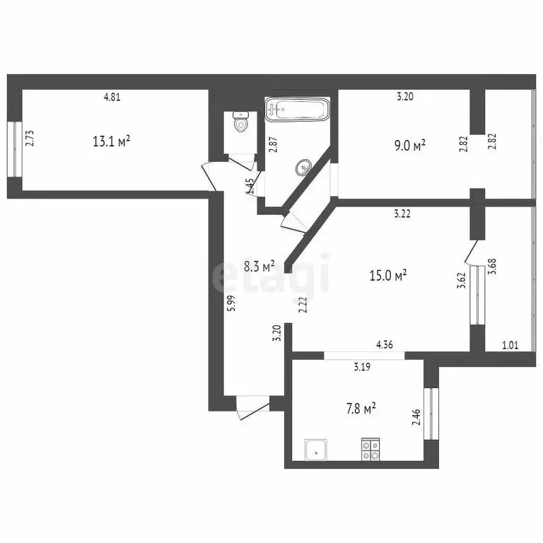 3-комнатная квартира: Тюмень, улица 50 лет Октября, 21А (61 м) - Фото 1