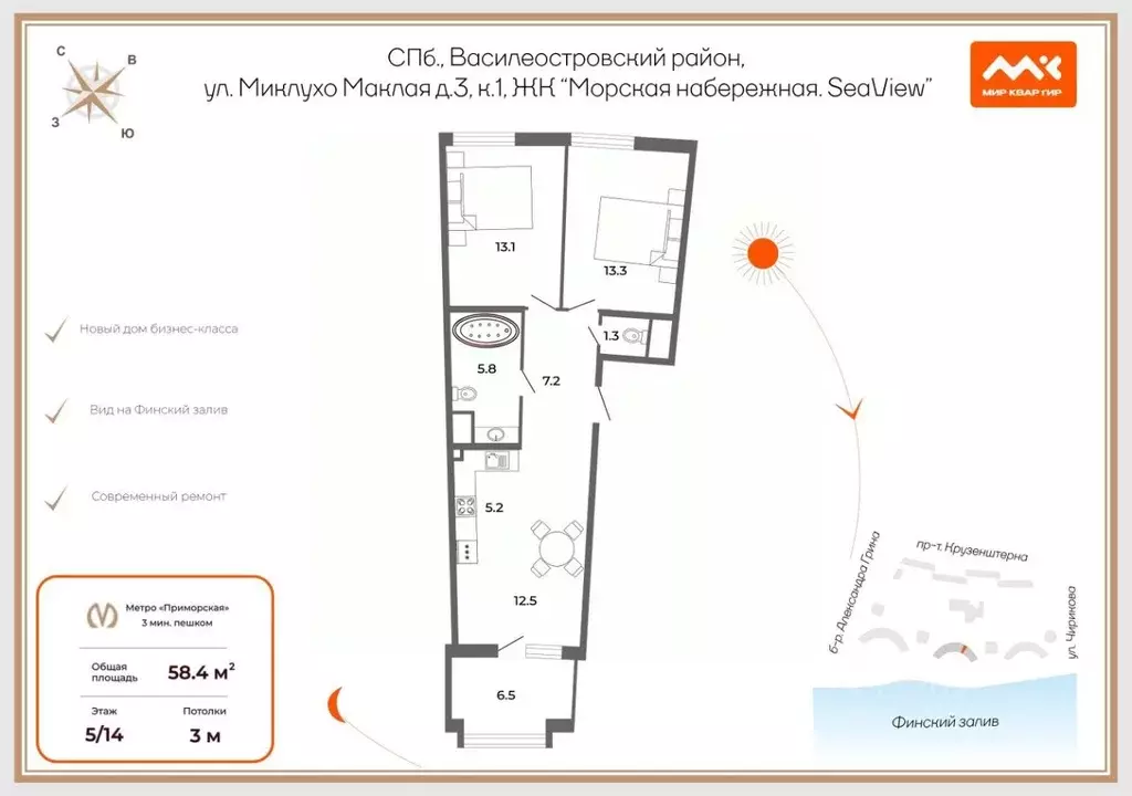 3-к кв. Санкт-Петербург наб. Миклухо-Маклая, 3к1 (58.4 м) - Фото 2