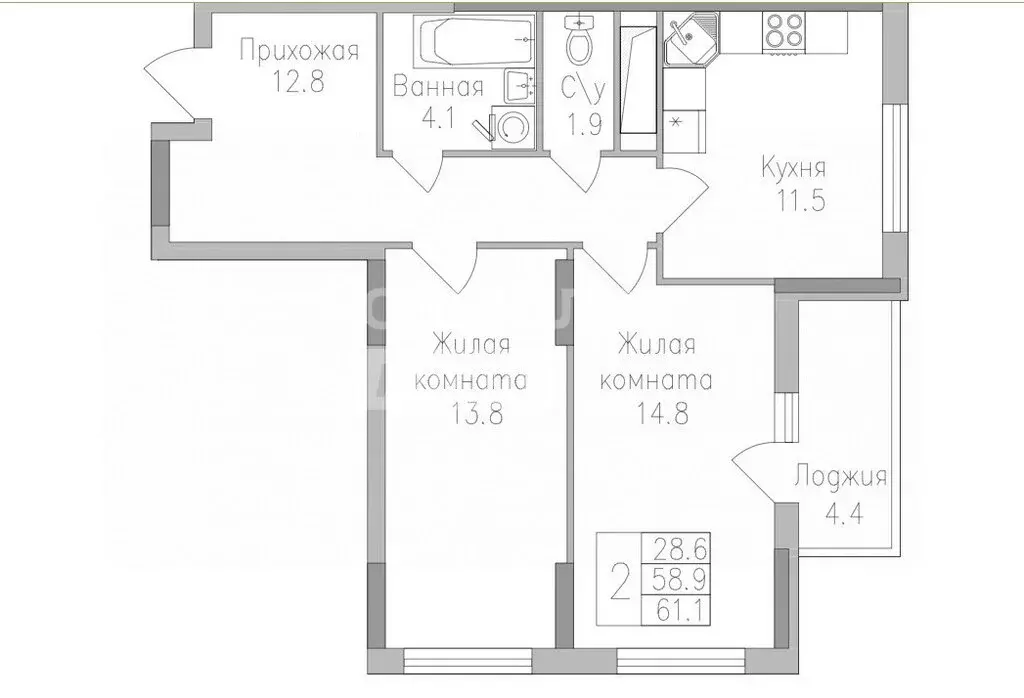 2-комнатная квартира: Липецк, ЖК Поколение (61.1 м) - Фото 0