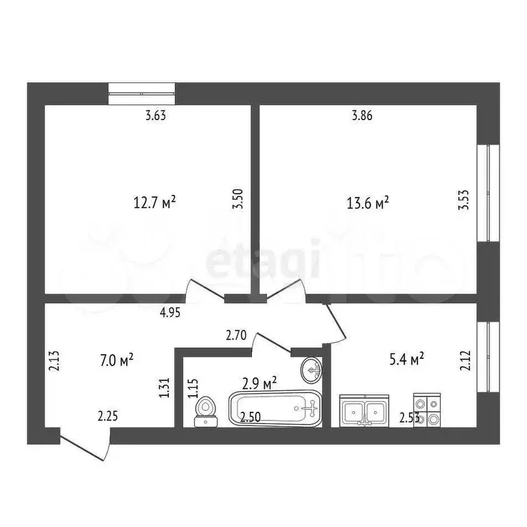 2-к. квартира, 41,6 м, 2/2 эт. - Фото 0