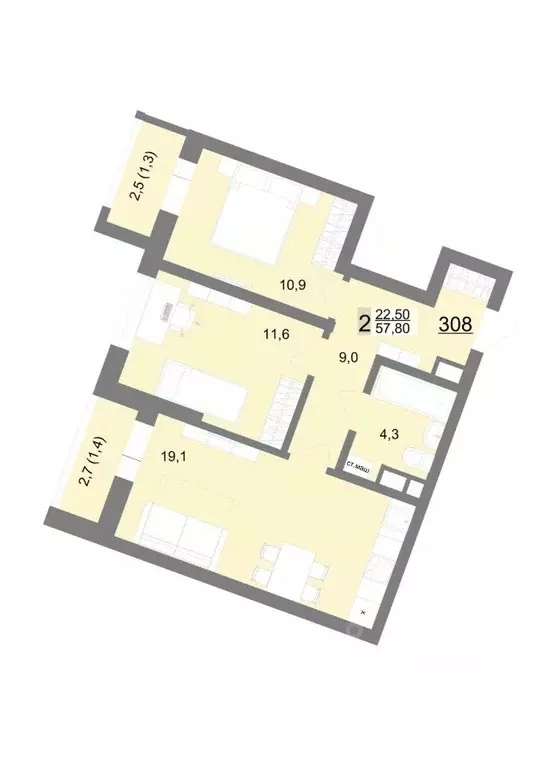 2-к кв. Свердловская область, Екатеринбург ул. Металлургов, 63/1 (57.6 ... - Фото 1