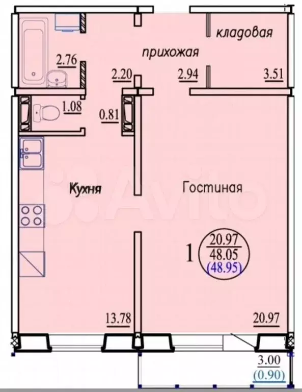 1-к. квартира, 48,9м, 1/10эт. - Фото 0