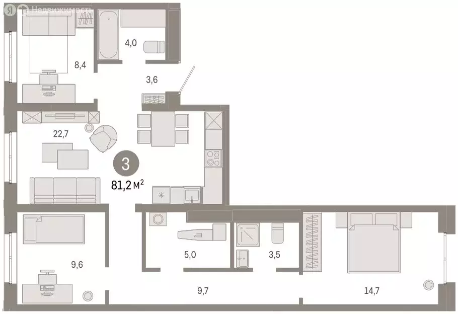 3-комнатная квартира: Екатеринбург, улица Советских Женщин (81.1 м) - Фото 1