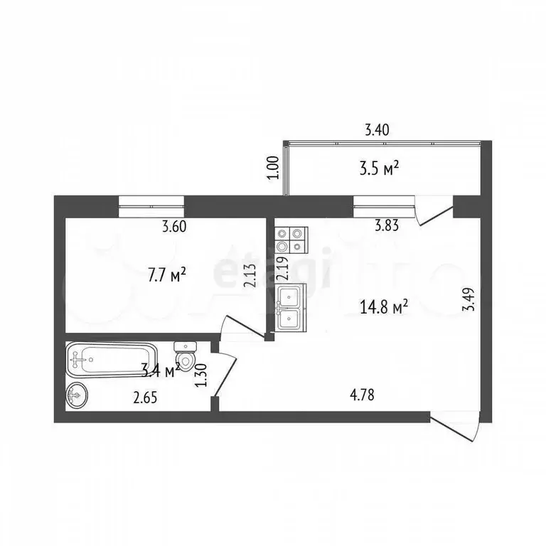 1-к. квартира, 29,4 м, 3/6 эт. - Фото 0