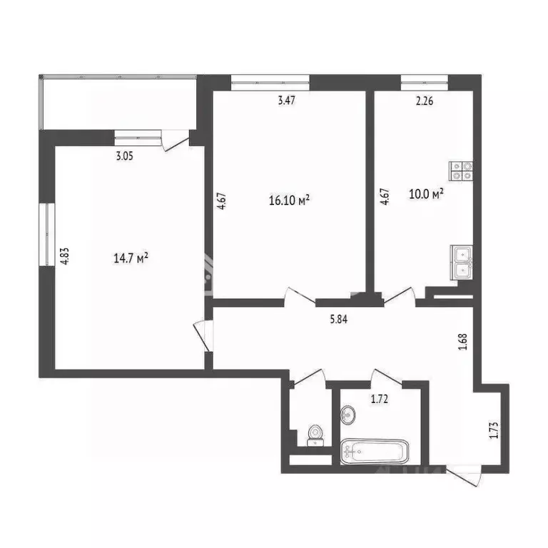 2-к кв. Тюменская область, Тюмень ул. Раушана Абдуллина, 6 (57.0 м) - Фото 1