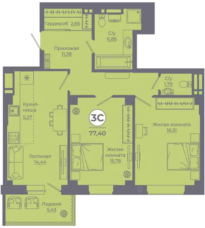 3-к кв. Ростовская область, Ростов-на-Дону ул. Еременко, 113 (77.02 м) - Фото 1