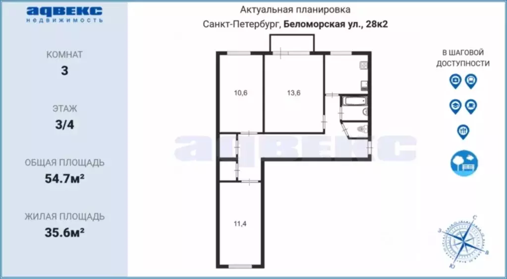 3-к кв. Санкт-Петербург Беломорская ул., 28К2 (55.0 м) - Фото 0