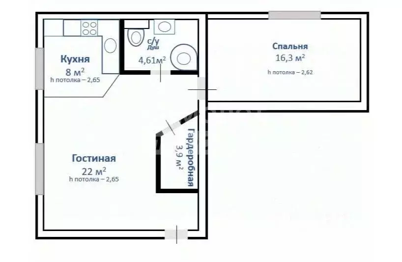Квартира, 2 комнаты, 56.5 м - Фото 1